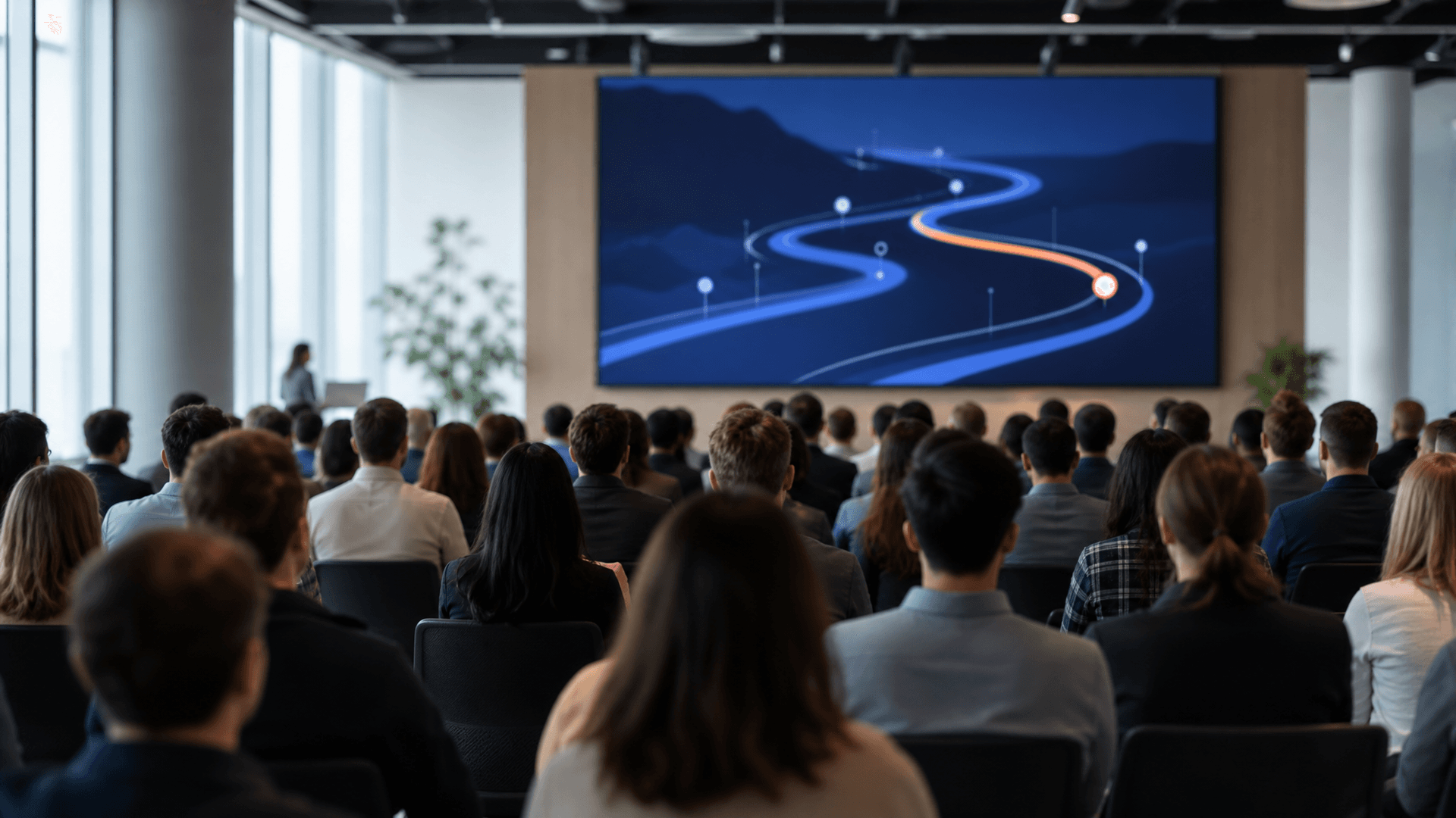 A team watching a change-story explainer at an all-hands meeting